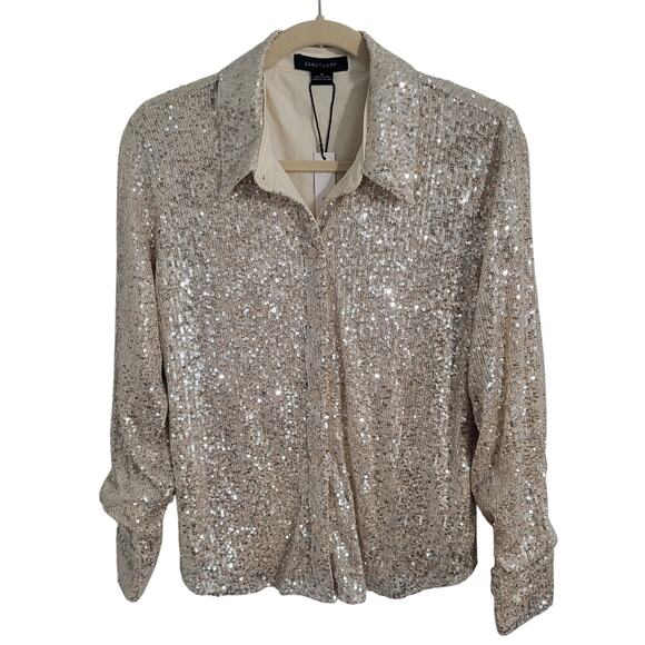 Sanctuary Radiant Long Sleeve Sequin Shirt Button Down Champagne Silver Medium - Picture 2 of 8